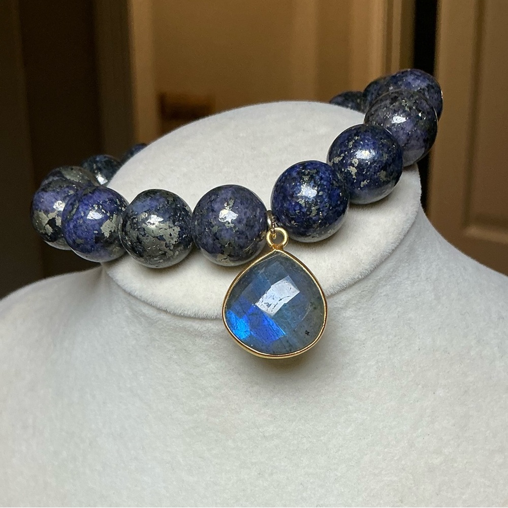 Lapis in Pyrite 12mm with Large Gold Labradorite Charm